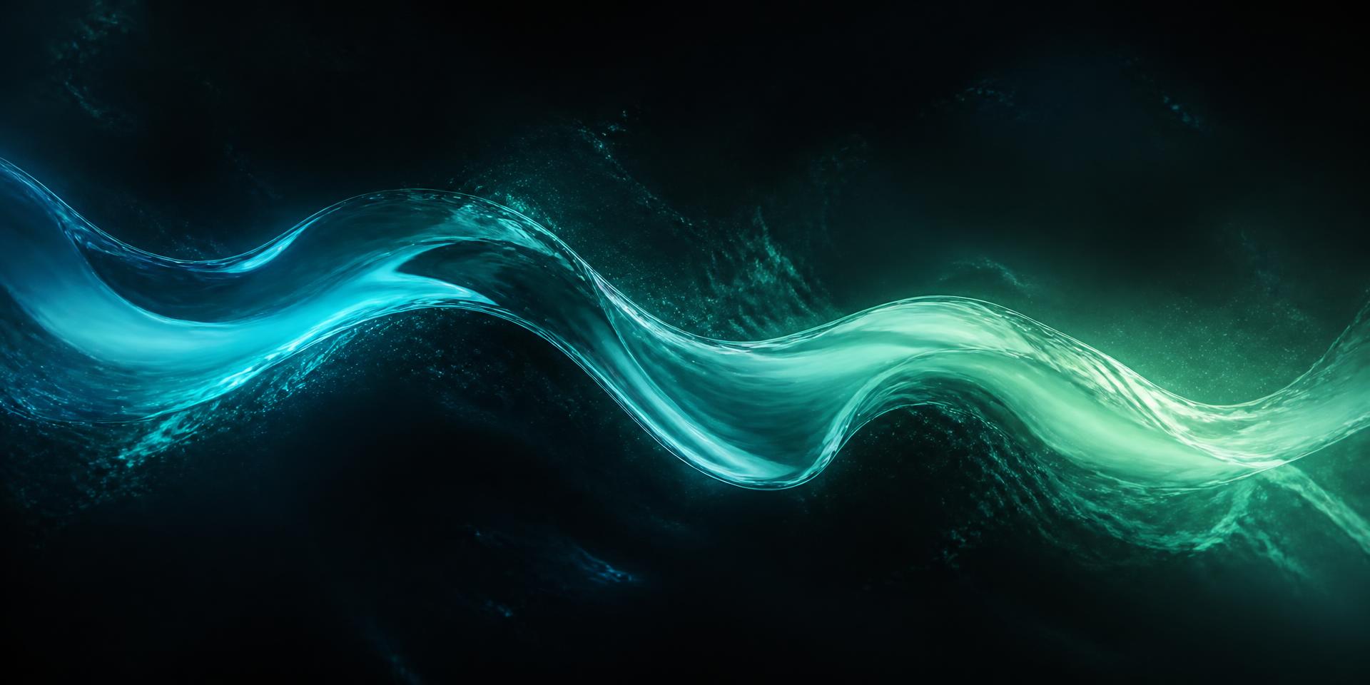 Luminous aqua to mint ribbon flowing through darkness