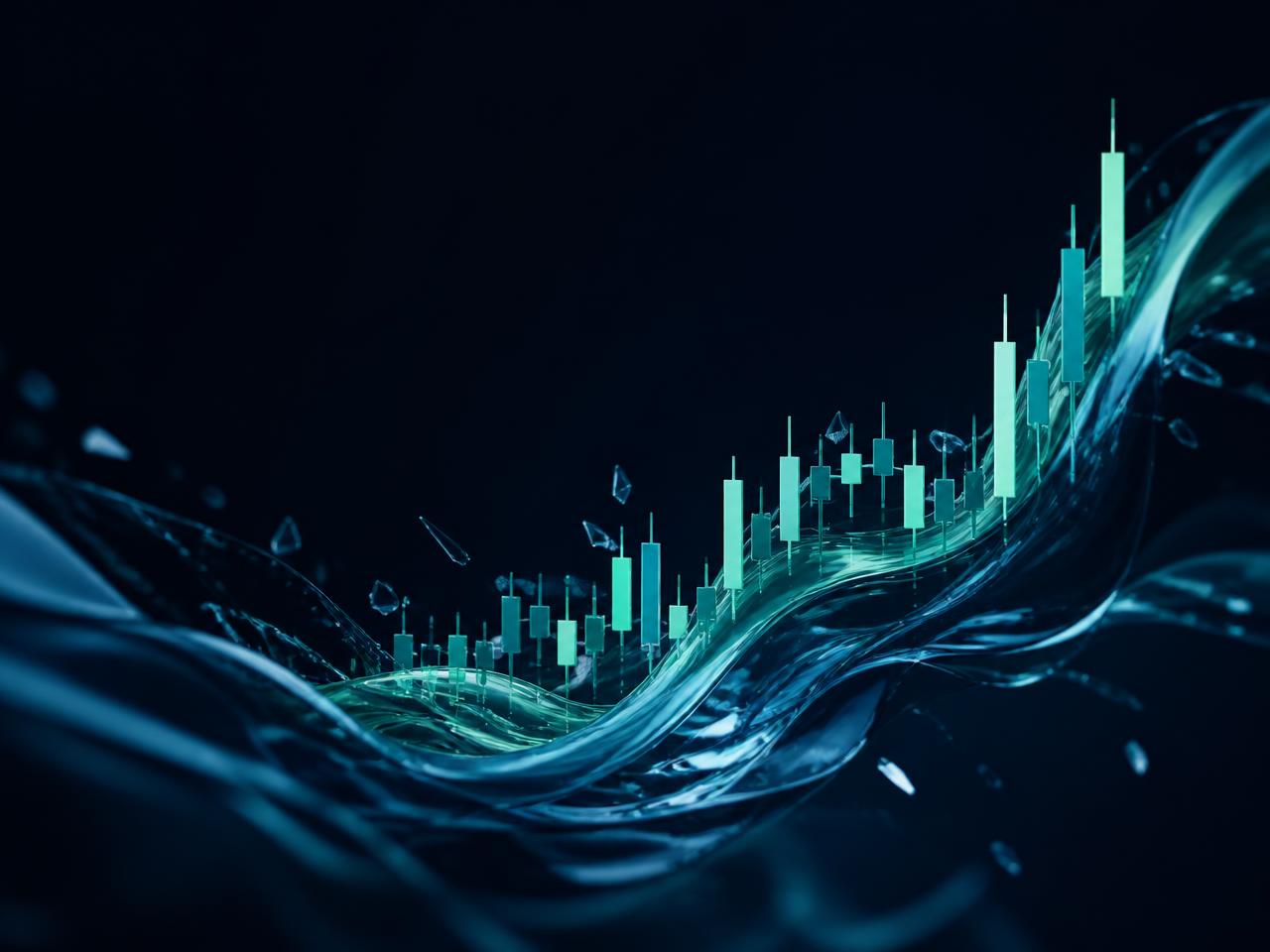 Abstract liquid ribbons forming a rising candlestick chart